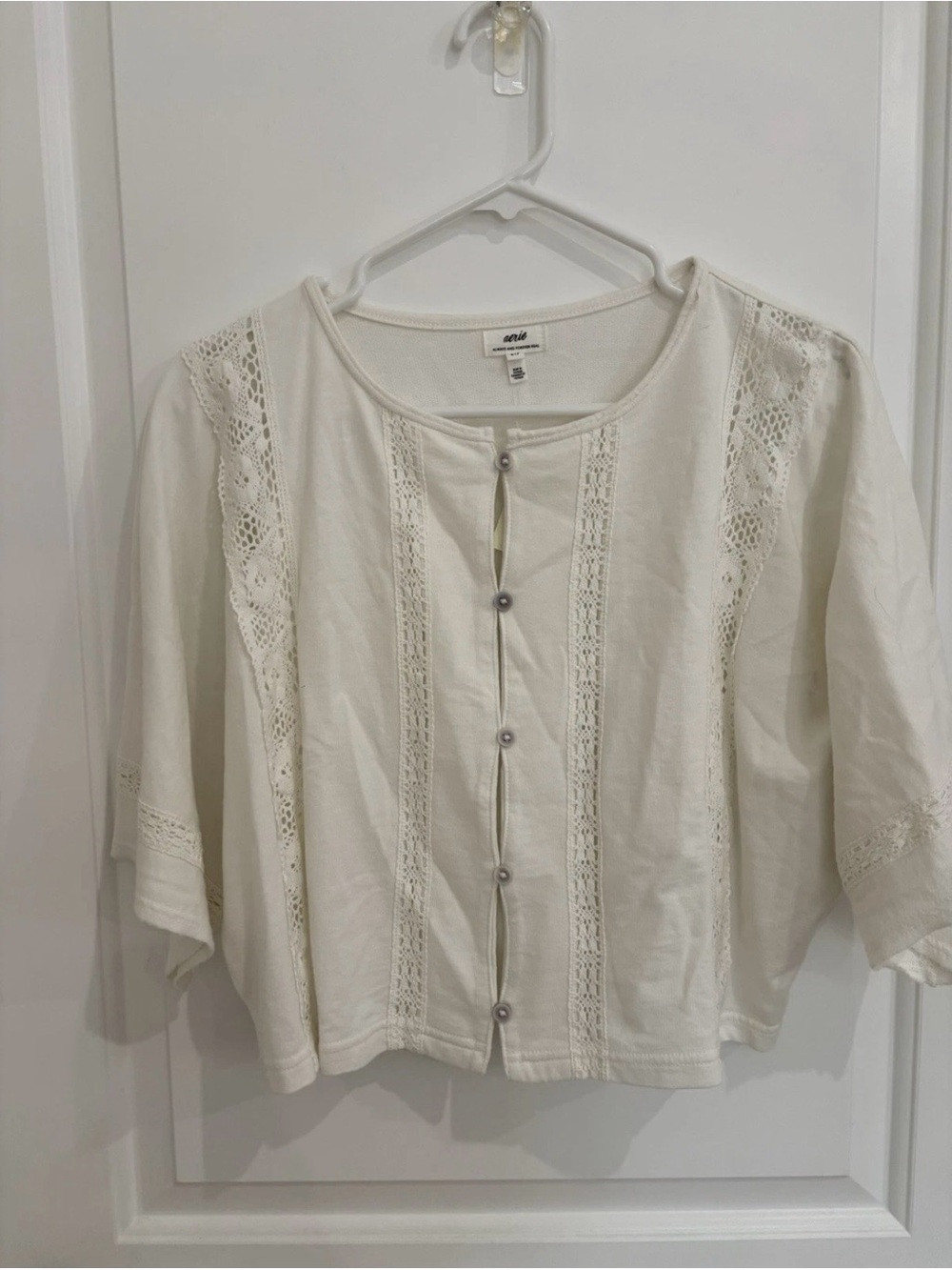 aerie White Lace-Trim Button Front Blouse